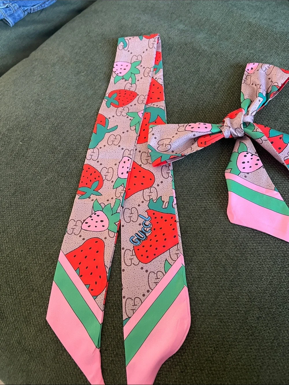 bundle of 2 Pink Strawberry Print Silk twilly with Green Accents